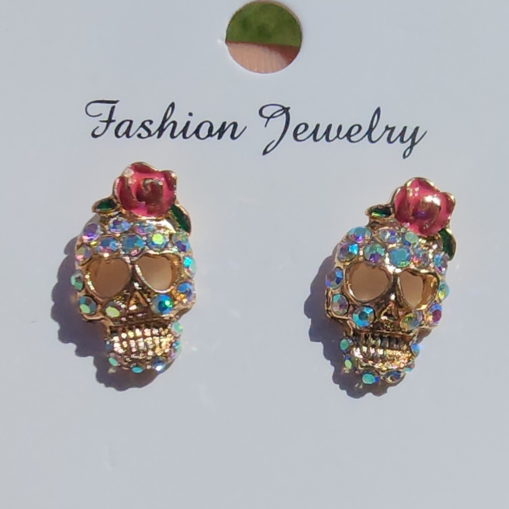 Gold and Pink Skull Earrings - Picture 7 of 7